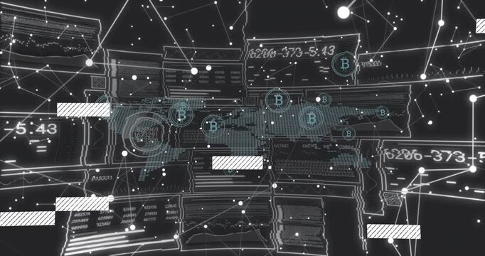 World map receiving data, pulsing B nodes, rippling and updating readouts, visualizing tech network