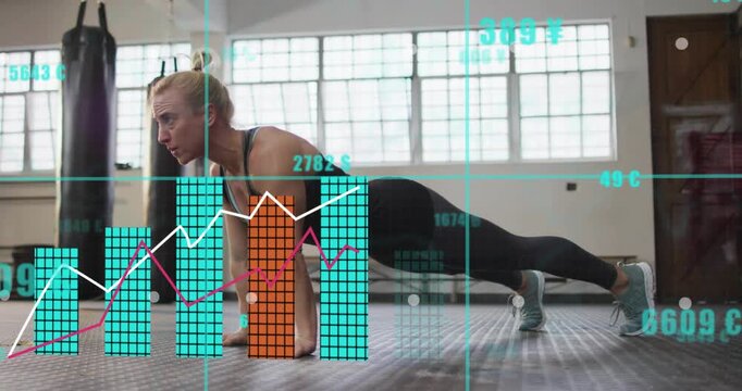 Woman holding plank then performing push-ups for fitness, teal orange analytics tracking reps
