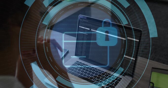 Woman tapping trackpad, starting security HUD over laptop, rings expanding and securing data