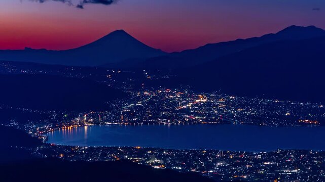 夜明けの高ボッチ高原から諏訪湖と富士山imelapse望遠