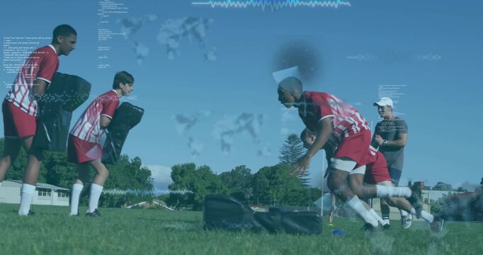 Coach gesturing, starting three teens sprinting through bags or pads overlays showing contact traini