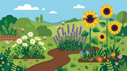 Fototapeta premium A serene landscape of a flower garden with sunflowers, lavender, and trees under a blue sky.