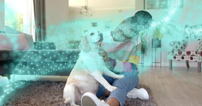 Woman petting dog at home for bonding, teal swirl entering from left overlaying pair, AR demo