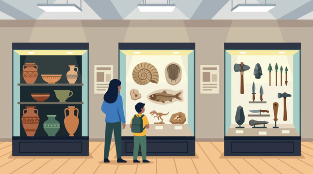 A woman and a child are looking at museum exhibits in a large room