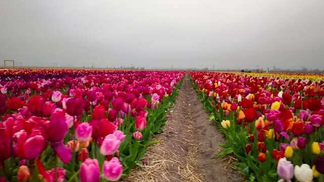 Walking through a colorful tulip field in full bloom in The Netherlands.