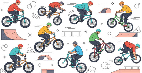 BMX Bike Rider Vector Set Featuring Young Athletes Performing Stunts And Tricks In Skatepark With Ramps And Rails Flat Line Style © Bappi