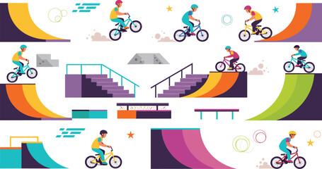 BMX Riders Performing Stunts On Ramps And Stairs In Skatepark Vector Illustration Set For Extreme Sports And Youth Activities © Bappi