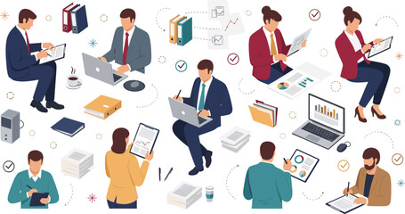 Isometric business people characters set working on laptops analyzing financial data charts and managing office documents in flat vector © Bappi