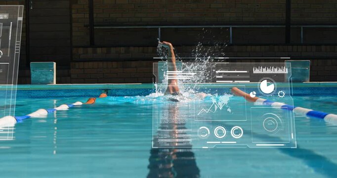 Swimmer entering frame from wall, pushing off and swimming crawl while HUD panels showing metrics