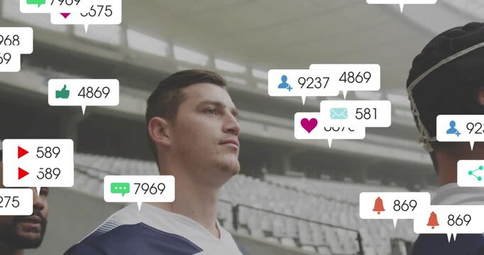 Standing team players receiving notification bubbles appearing from left in stadium bowl in jerseys