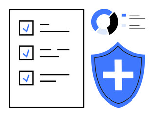 Obraz premium Data security, healthcare, analytics, compliance, health protection, organization. Checklist with marked boxes, pie chart and shield. Data security and healthcare conveyed visually