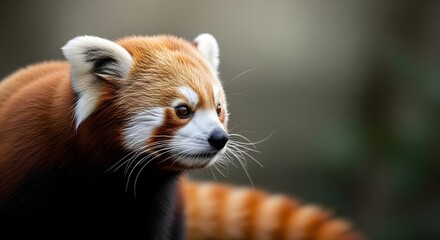 Close-up profile of a red panda with soft focus background, showcasing its distinctive fur pattern and alert expression