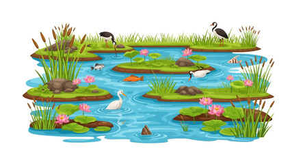 Fototapeta premium Vector illustration of a wetland ecosystem with flora and fauna, featuring a crane, fish, and wetland flowers, celebrating World Wetlands Day on a simple background.