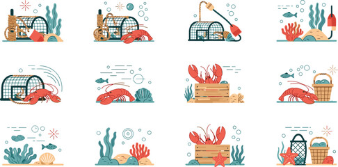 Lobster fishing vector illustration set featuring lobster traps sea creatures coral reefs and seafood harvesting equipment for nautical theme designs © Bappi