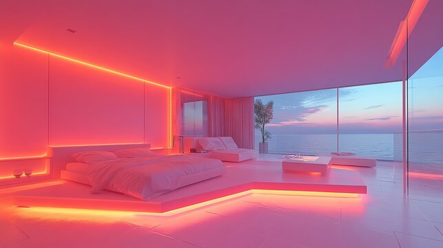 Futuristic neon-lit bedroom interior with pink and orange glow, large glass windows and low platform bed