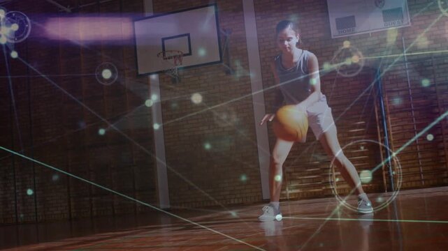 Teen athlete starting drill with 1st bounce dribbling cross while training HUD tracking basketball