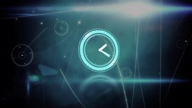 Teal clock emblem glowing and rotating, hands shrinking, outer arc forming, signaling tech shift