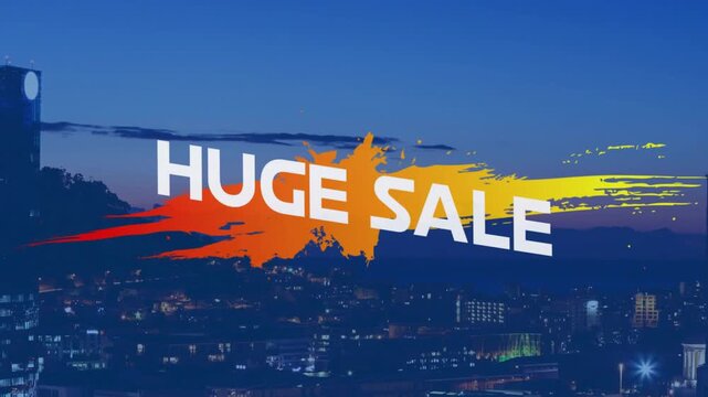 HUGE-SALE graphic glitching, revealing paint-swipe emblem, settling over dusk skyline for retail