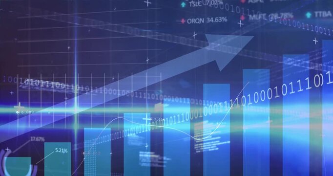 On load bar chart appearing, arrow shifting right, binary scrolling, line undulating showing growth