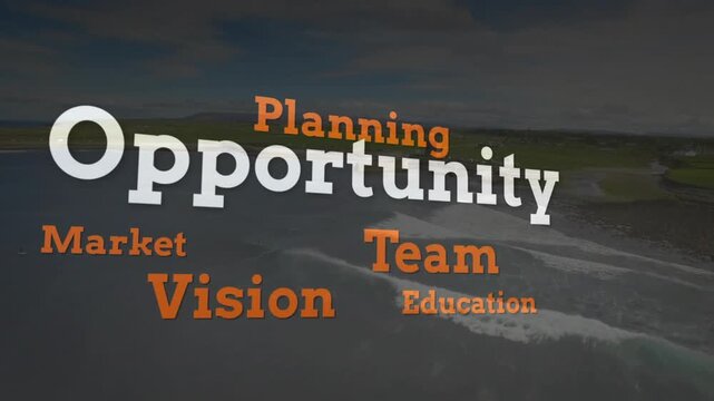 Animating large word cloud shifting over aerial coast, showing Success Opportunity Teamwork