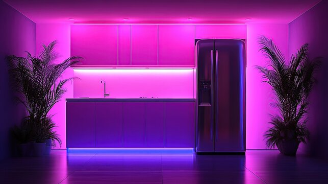 Futuristic Neon-Lit Modern Kitchen With Pink and Blue Ambient LED Lighting and Potted Palms