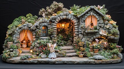 Fototapeta premium Lavishly detailed illuminated rock grotto village nativity scene with miniature stone houses