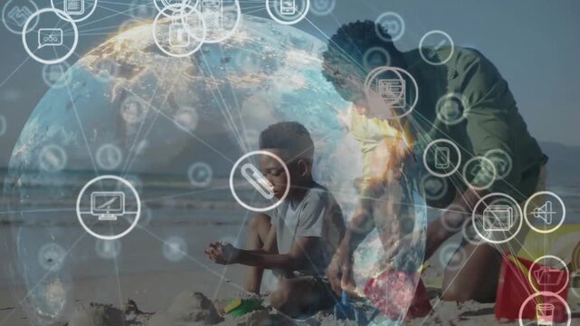 Father kneeling, son shaping sand on beach initiating tech globe HUD encircling during bonding