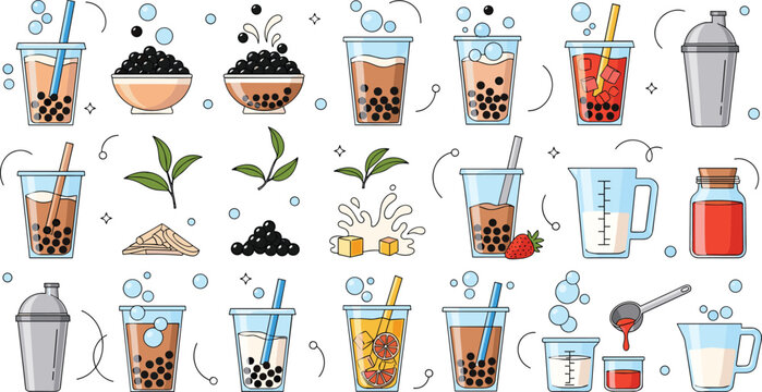 Large collection of bubble tea icons featuring boba pearls milk tea fruit drinks shakers and ingredients for cafe menu design and digital marketing