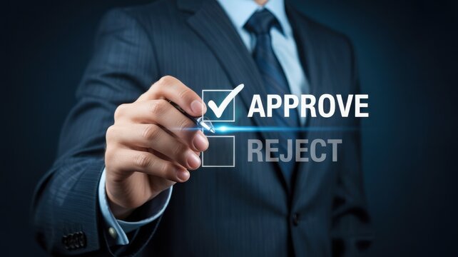 A professional businessman in a suit approves a document with a pen