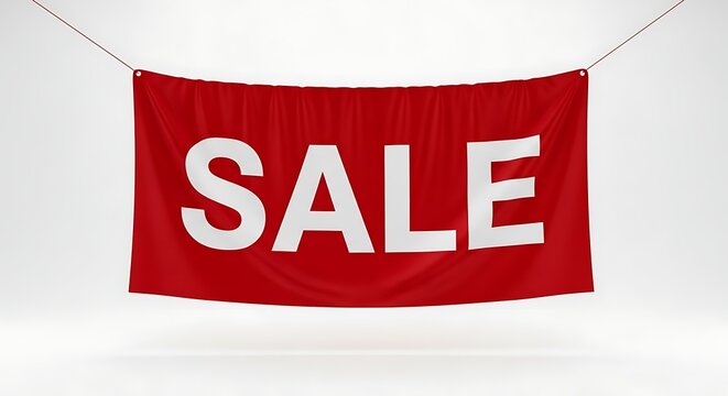 A red banner with the word SALE hanging on a string in a white background