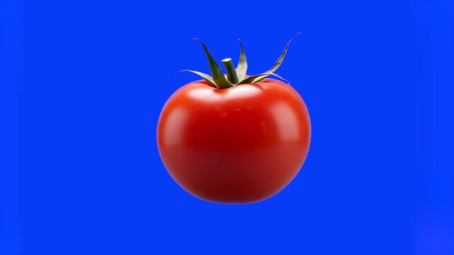 A clean, high-resolution photo of a single, ripe red tomato with a green stem in a state of free fall. The vibrant blue background provides a sharp contrast, making it perfect for food industry graphi