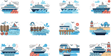 Naklejka premium Flat line nautical vector illustration set featuring luxury yachts ships lighthouses and wooden piers on blue ocean waves