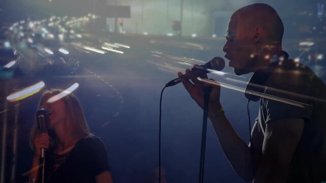 Traffic visual starting overlay lead singing in mic backing singing music gesturing to engage fans