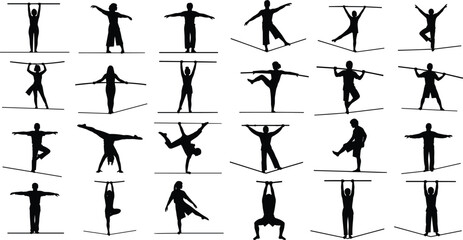 Tightrope walker silhouette set featuring performers on high wire in various acrobatic poses for circus and conceptual balance design © Bappi