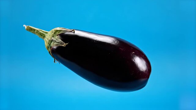 Dynamic high-speed video footage of a fresh, shiny eggplant captured in mid-air flight. A photorealistic slow-motion sequence perfect for culinary transitions, food commercials, and healthy eating pro