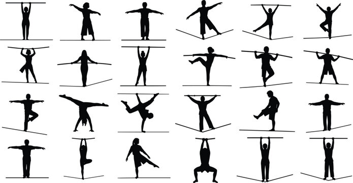Tightrope walker silhouette set featuring performers on high wire in various acrobatic poses for circus and conceptual balance design
