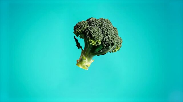 A fresh green broccoli floret levitating and spinning slowly in the air against a teal background. This 3D animated asset is ideal for vegetarian nutrition concepts and culinary video production.