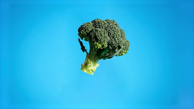 A fresh green broccoli floret levitating and spinning slowly in the air. This 3D animated asset is ideal for vegetarian nutrition concepts and culinary video production on a blue background.