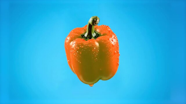 A single ripe yellow bell pepper with water droplets rotates slowly against a bright blue background. This clean food asset highlights texture and freshness, making it suitable for high-end cooking sh