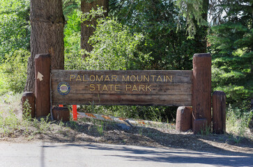 The Palomar Mountain State Park wooden sign. Park entrance sign.