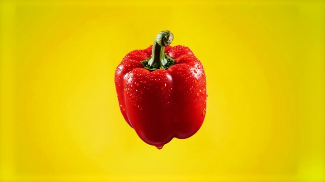 A realistic 3D animated red bell pepper with water droplets slowly rotating and hovering in mid-air. Isolated on a bright yellow background for food industry marketing and healthy eating content.