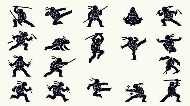 A ninja turtle character icon pack features simple cartoon turtles in various ninja poses.