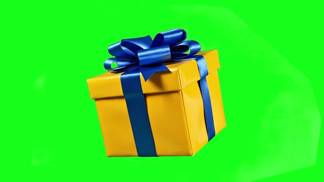 A joyful 3D rendered yellow gift box with a blue ribbon performing a rhythmic dance. Isolated on chroma key for easy integration into holiday greetings, birthdays, and promotional sales videos.