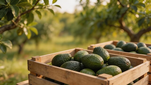 Avocados in wooden crates at orchard