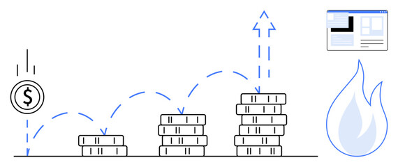 Fototapeta premium Financial growth, investment strategies, risk management, business planning, market opportunity, economic progress. Coin stacks with arrows pointing upward, coin drop flame and chart. Financial