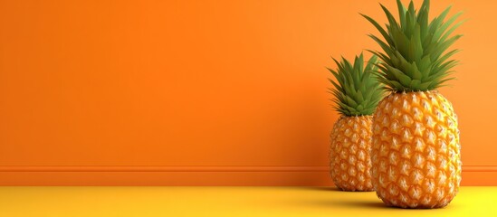 Pineapples on a yellow surface and orange wall.