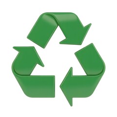Vibrant green 3D render of the universal recycling symbol, featuring three arrows forming a continuous triangular loop, isolated on a clean white background