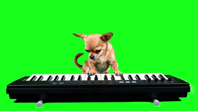 A small tan Chihuahua dog "playing" a digital piano keyboard. This humorous animal clip is isolated on a green screen for easy integration into funny music videos or social media content.