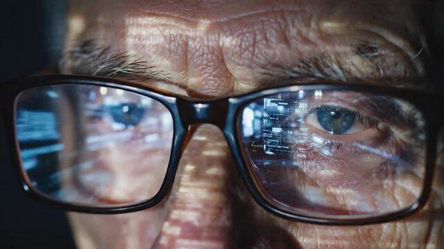 Close-up of an older person's eyes reflected in glasses showing digital data