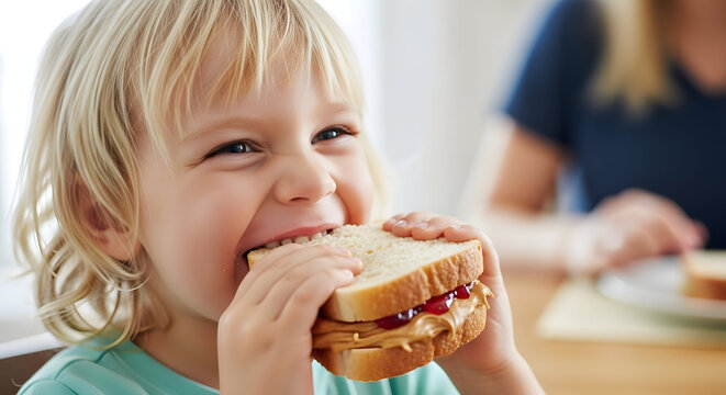 Happy Child Enjoying a Delicious Peanut Butter Sandwich.